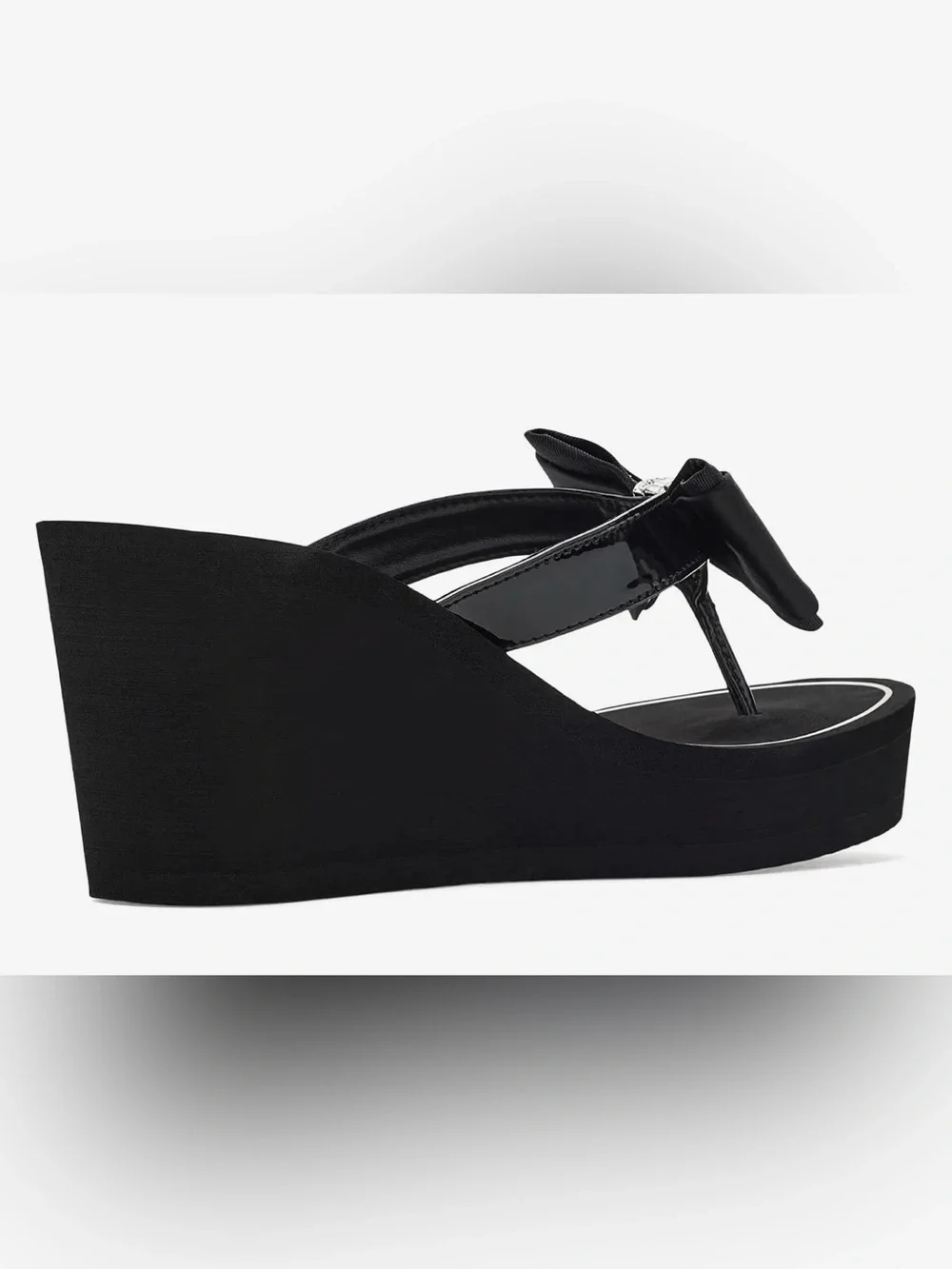 Black Wedge Flip-Flop Sandals with Bow and Rhinestone Accent Size 9